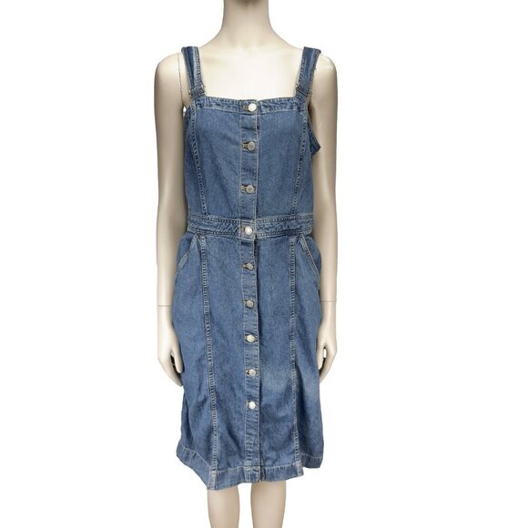 LEVI'S Denim Thick VTG Sheath Buttoned Pockets Midi Square Neck Blue Dress M - Picture 3 of 10